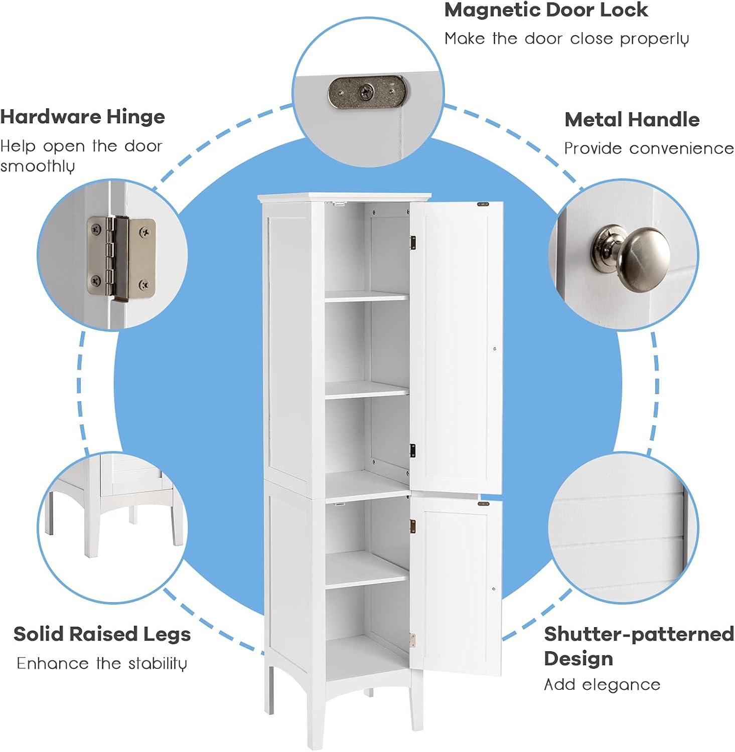 5 Tier Wooden Freestanding Tower Cabinet Tall Bathroom Storage Cabinet White