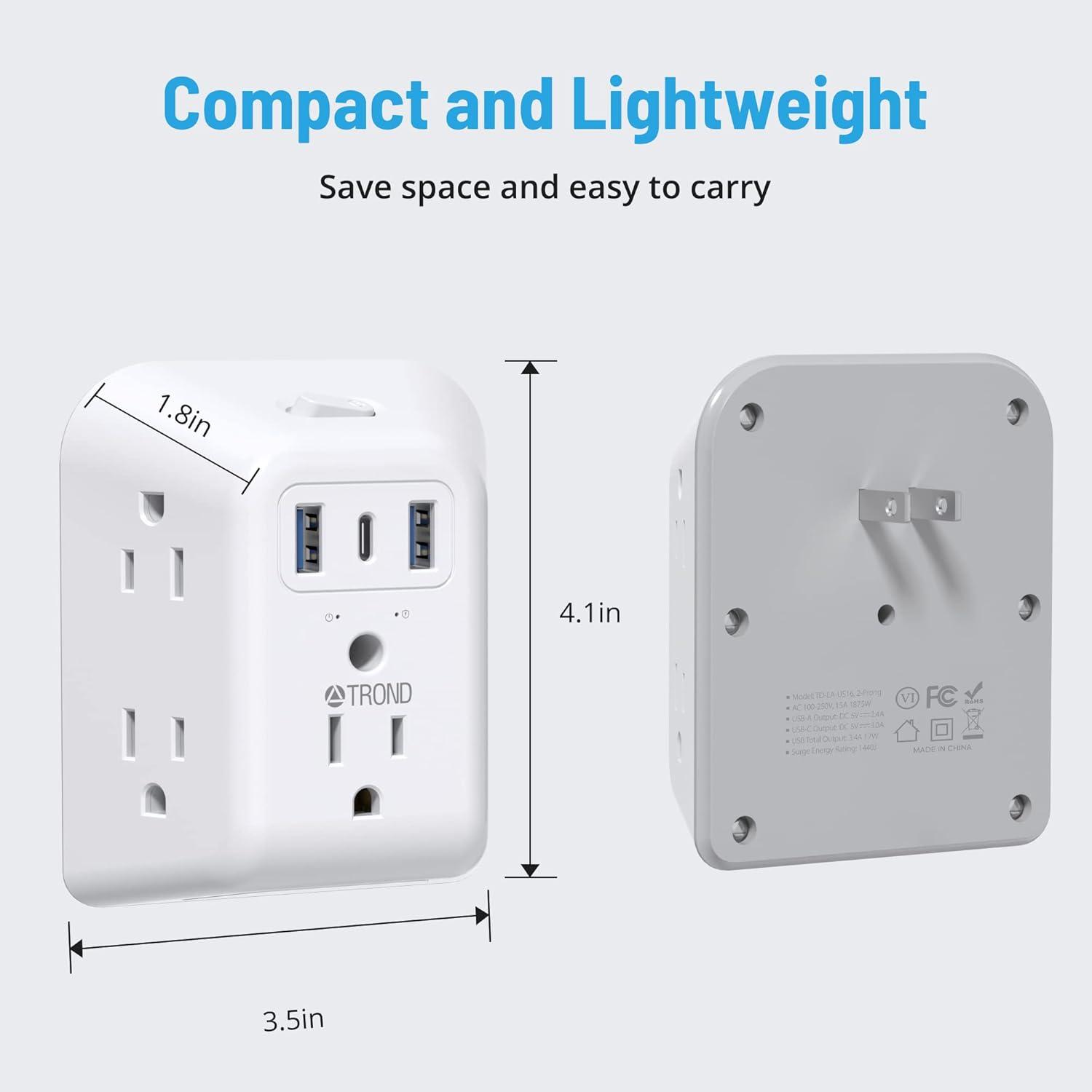 TROND Wall Plug with usb c, 2 Prong Wall Charger 5AC Outlet Extender USB C 3 Sided 1440J Surge Protector Multi Plug Outlet Wall Plugs for Home School Travel Office