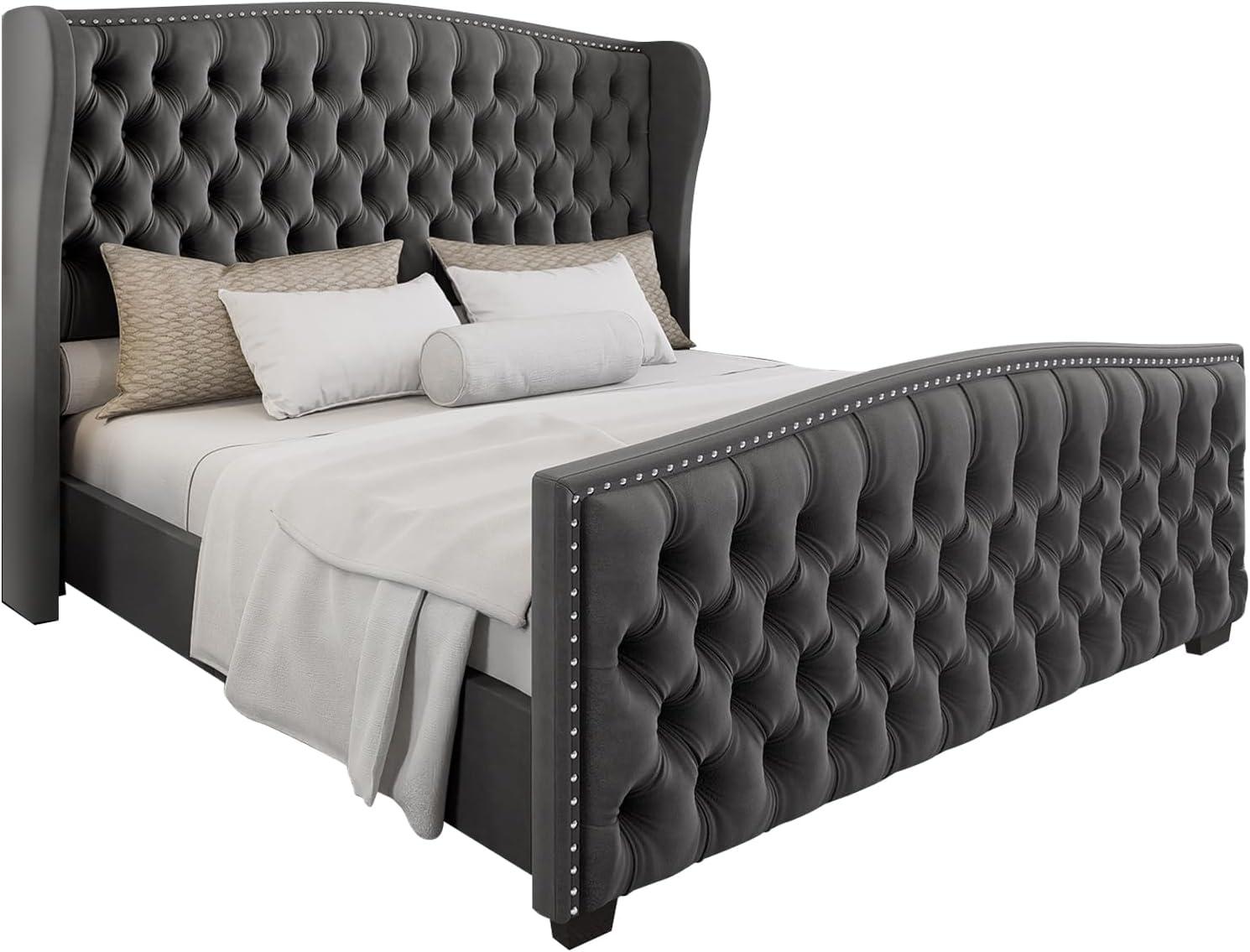 Queen Gray Velvet Upholstered Platform Bed with Tufted Headboard