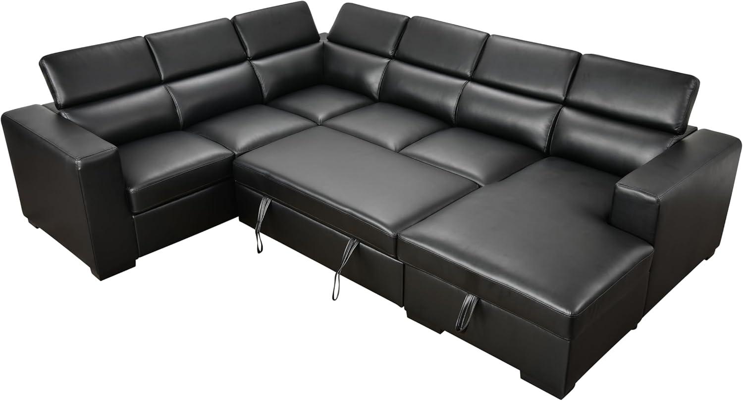 Black Faux Leather U-Shaped Sectional Sofa with Ottoman