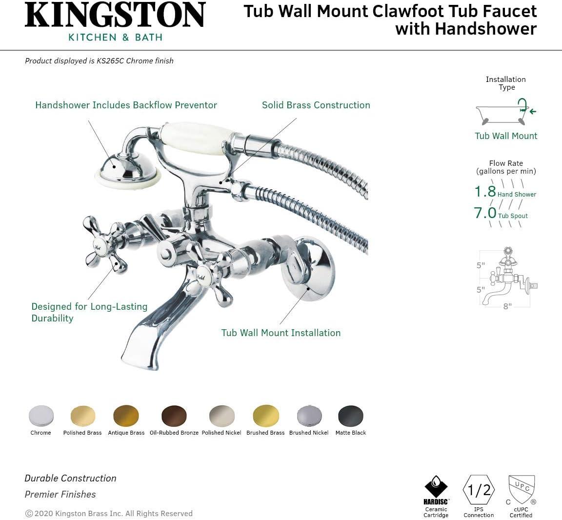 Kingston Brass Kingston Three-Handle 2-Hole Tub Wall Mount Clawfoot Tub Faucet with Hand Shower