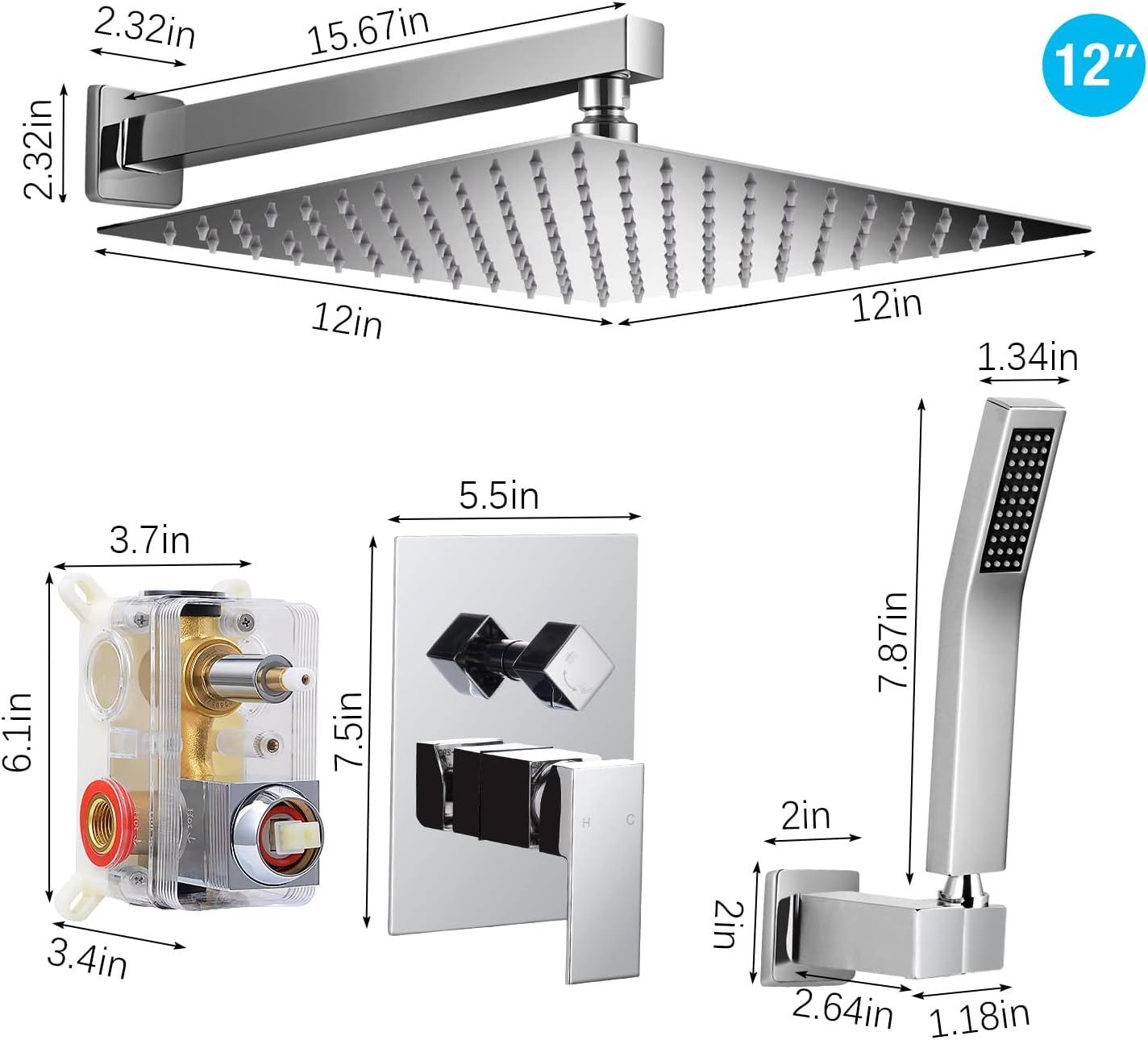 Qomolangma 12 inch Rain Shower System, Bathroom Shower Faucet Set with Pressure Balance Valve, Wall Mounted 2-Functions Shower Systems with Rain Shower and Handheld Spray Shower Trim Included