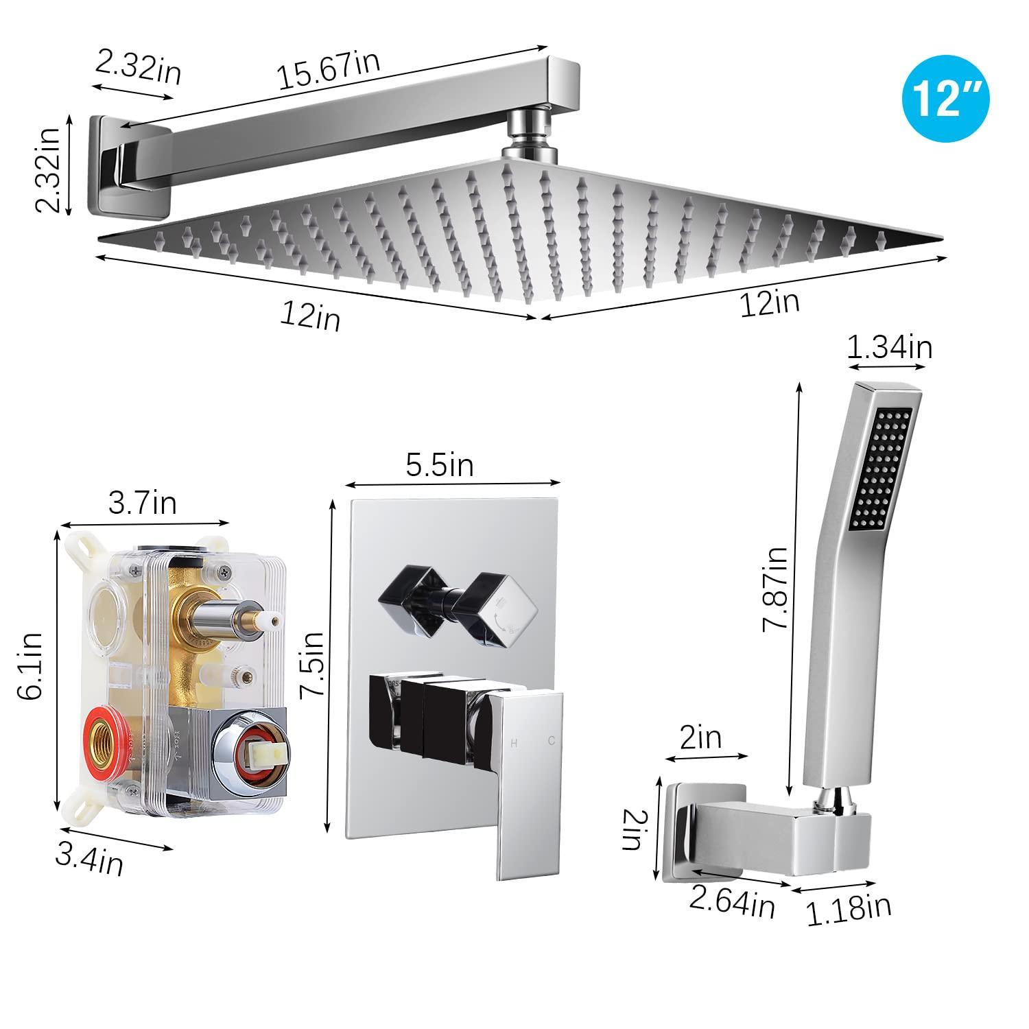 Qomolangma 12 inch Rain Shower System, Bathroom Shower Faucet Set with Pressure Balance Valve, Wall Mounted 2-Functions Shower Systems with Rain Shower and Handheld Spray Shower Trim Included