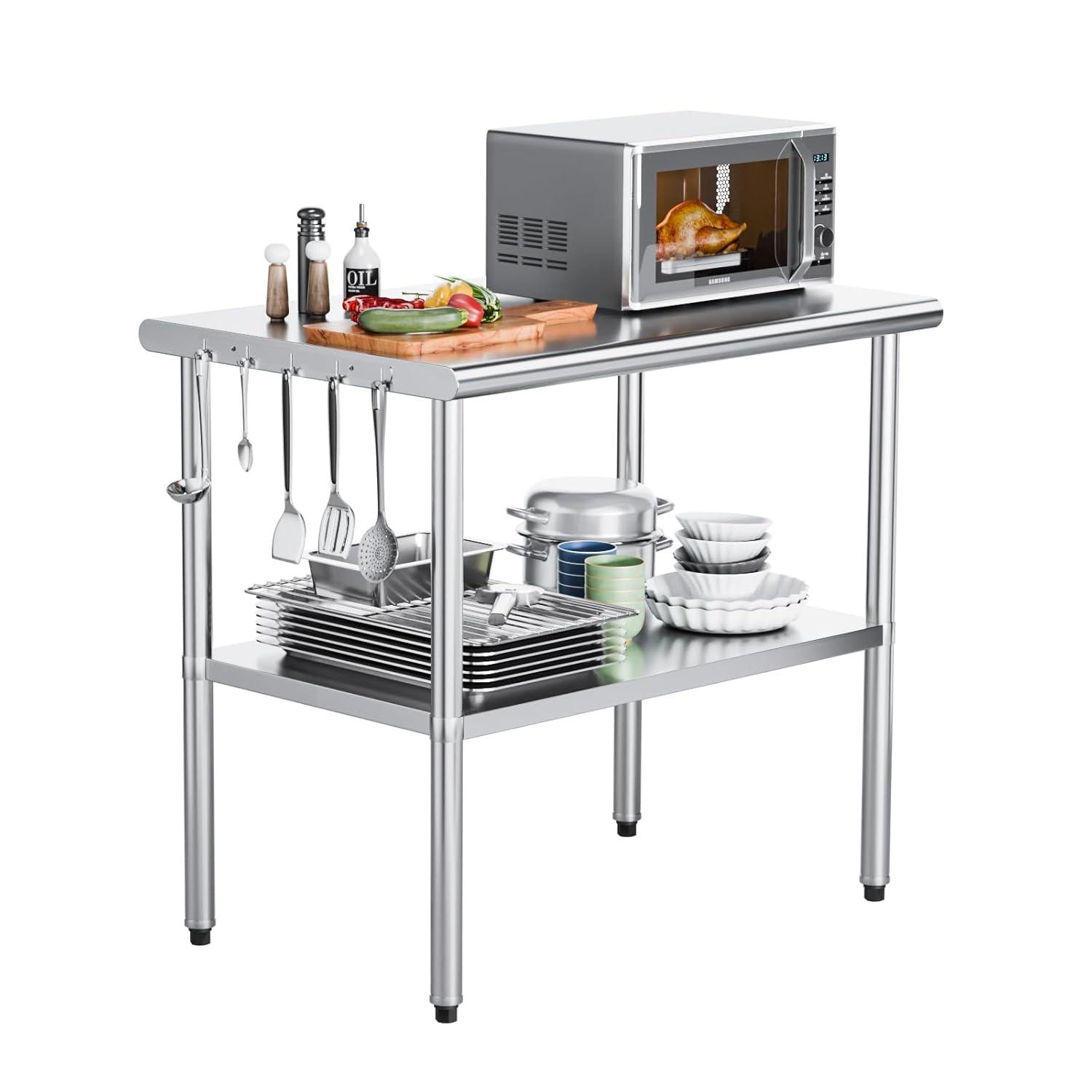 ROVSUN 30'' x 24'' Stainless Steel Table for Prep & Work, Metal Table with Undershelf for Kitchen Restaurant, Home