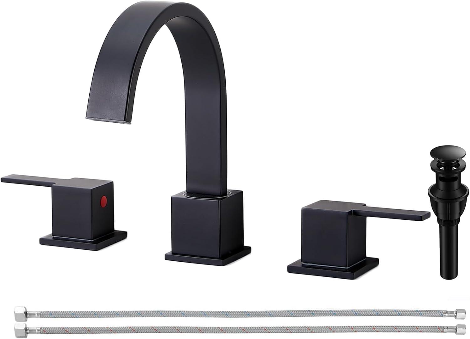 VAPSINT Black Bathroom Faucet 3 Hole, 8 Inch Widespread Matte Black Waterfall Bathroom Sink Faucet, 2 Handle Lavatory Vanity Faucet for Bathroom Sink with Pop Up Drain & Supply Hoses