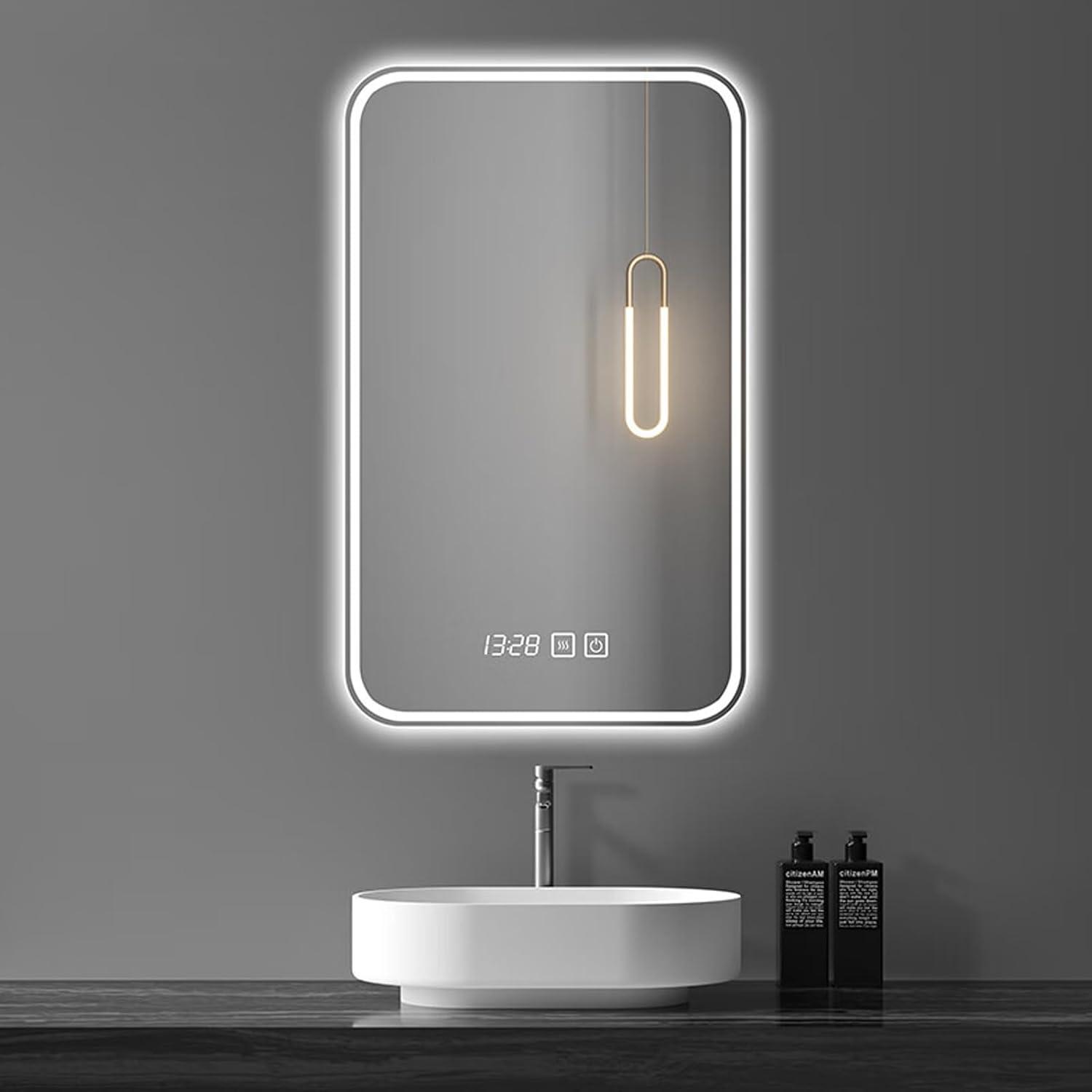 Led Bathroom Mirror Smart Mirror with Anti-Fog, Adjustable 3 Color3 Light, Wall Mounted Anti Fog Lighted Smart Vanity Mirror with Time & Temperature Display (20''x28'')