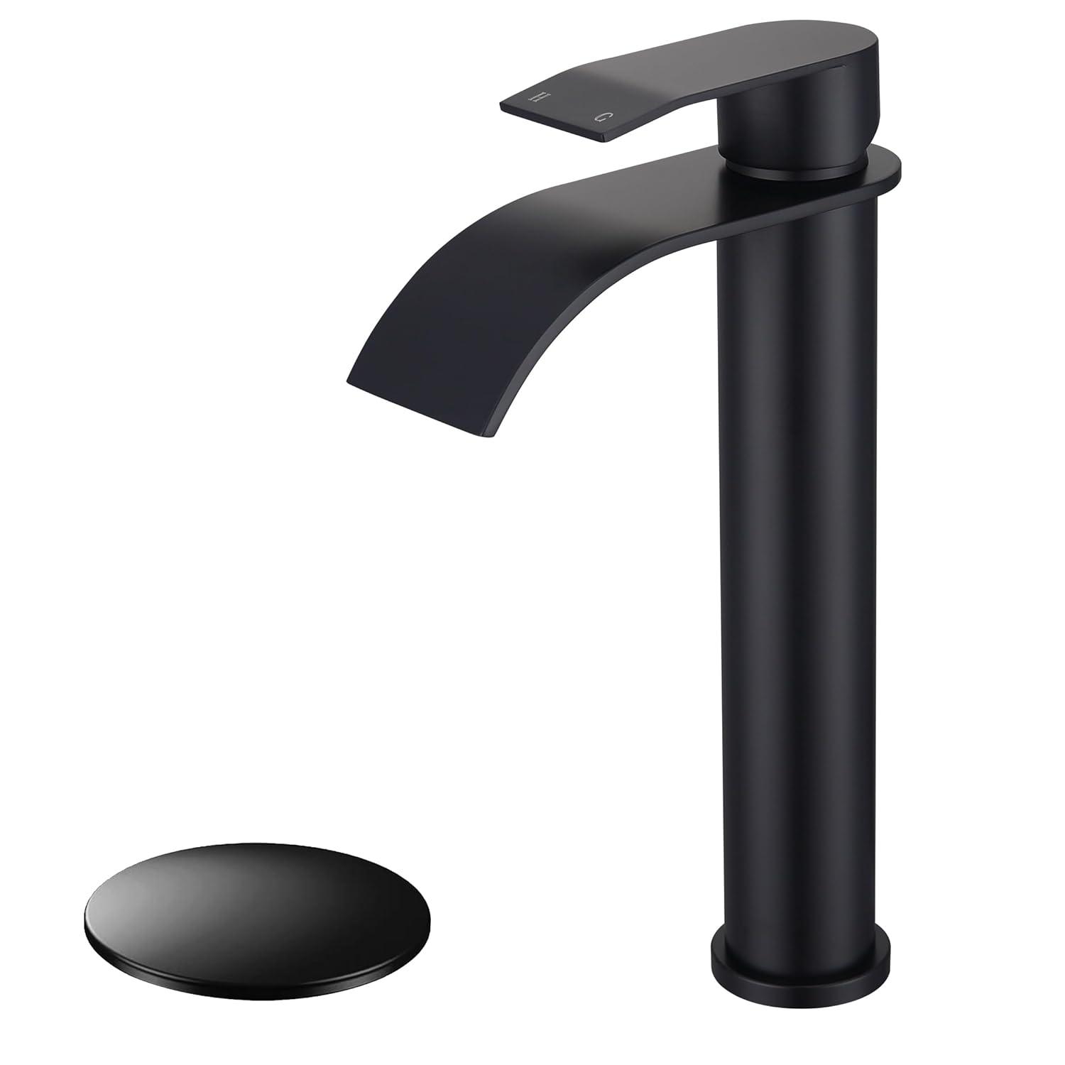 Waterfall Bathroom Faucet Single Handle，Bathroom Sink Faucet 1 Hole，Waterfall Faucet for Bathroom Sink，Vessel Sink Faucet Matte Black Tall Bathroom Faucet
