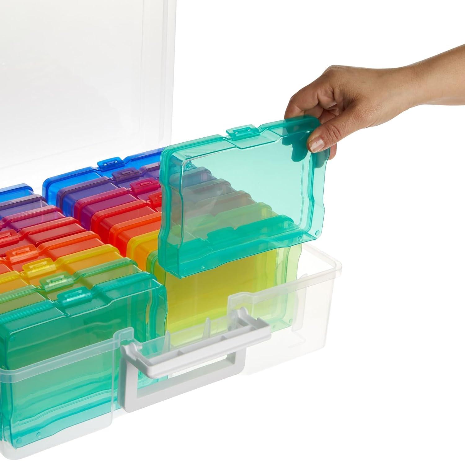 Bright Creations 4 x 6 Inch Photo Storage Box with Handle, 16 Rainbow Colored Craft Organizers and Storage Cases for Pictures, Cards, 15x12x5 In