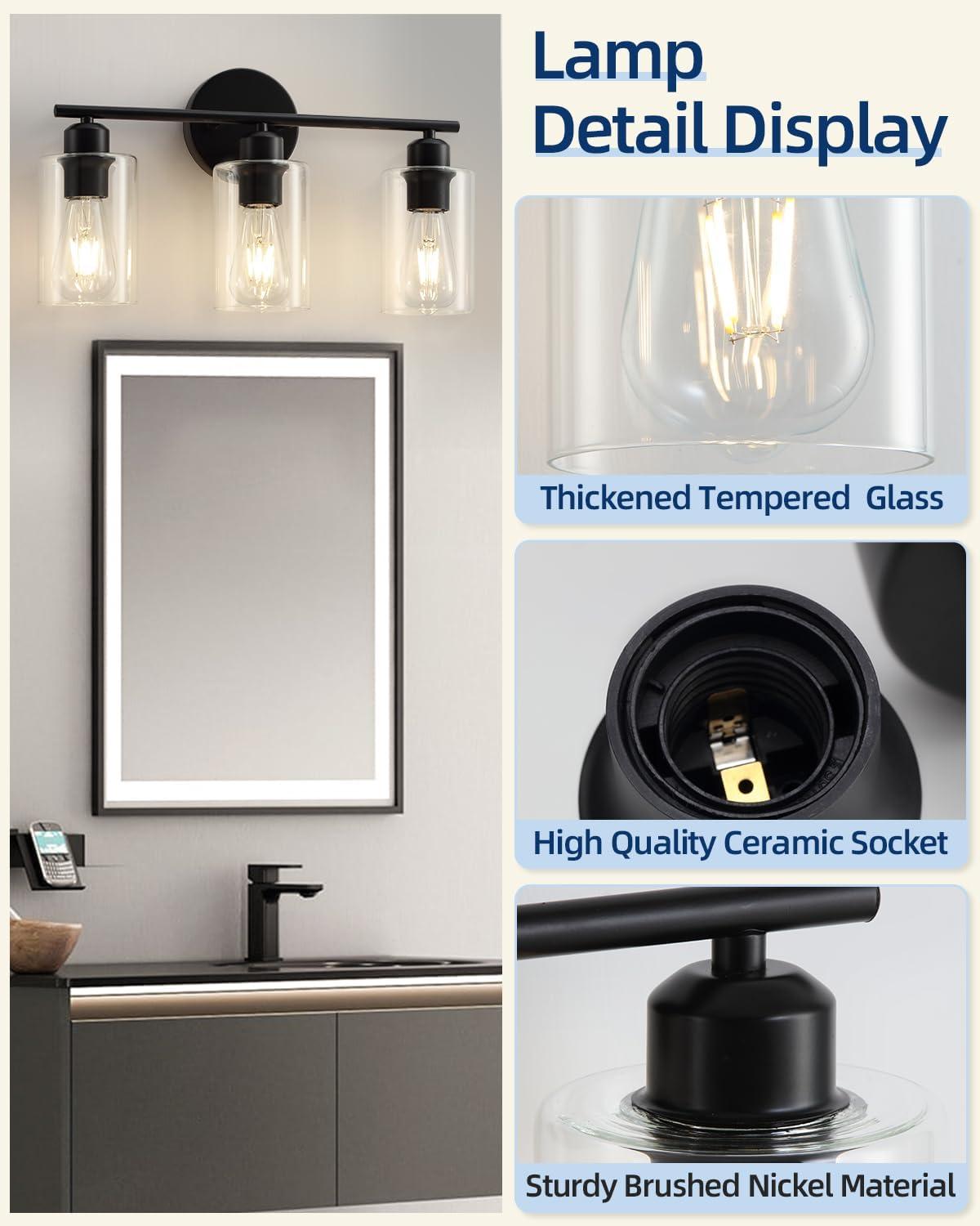 3-Light Bathroom Light Fixtures Bathroom Vanity Lights with Clear Glass Shades Matte Black Bathroom Light Fixtures over mirror for Mirror Living Room Cabinet Bedroom Porch