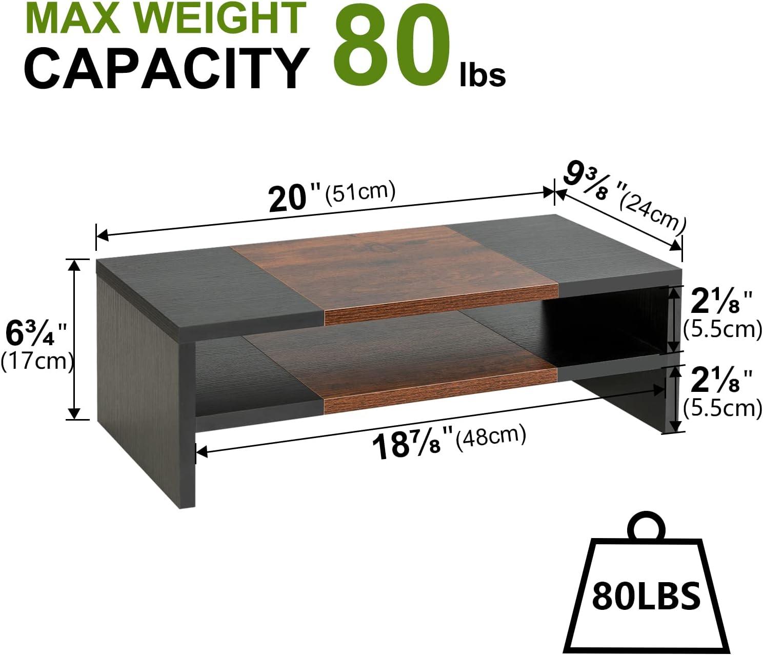 20-Inch Black and Brown MDF Desktop Monitor Stand with Storage