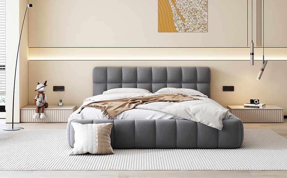 Queen Size Upholstered Platform Bed with Thick Fabric Headboard, Linen Fabric Grounded Bed Floor Bed, Wooden Platform Bed Frame with Slats Support, No Box Spring Needed, Gray