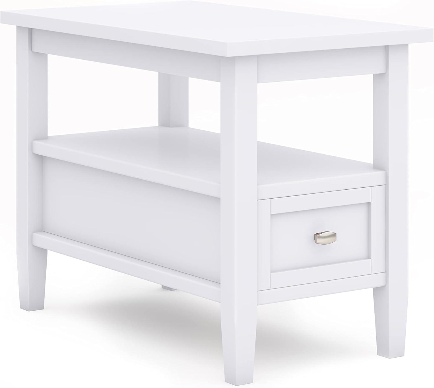 White Solid Wood and Metal Narrow Side Table with Storage