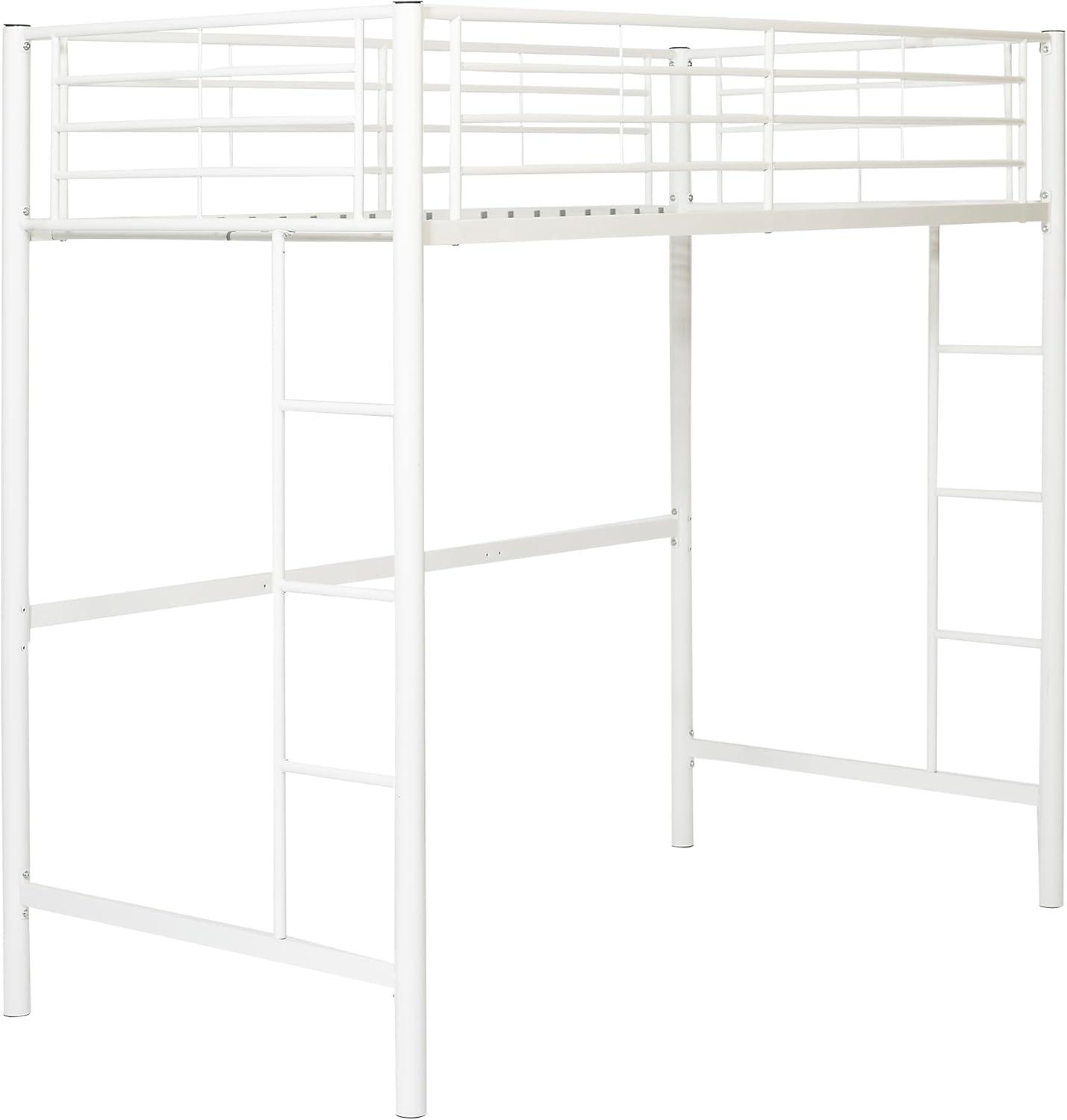 White Twin Metal Loft Bed with Guardrails and Ladder