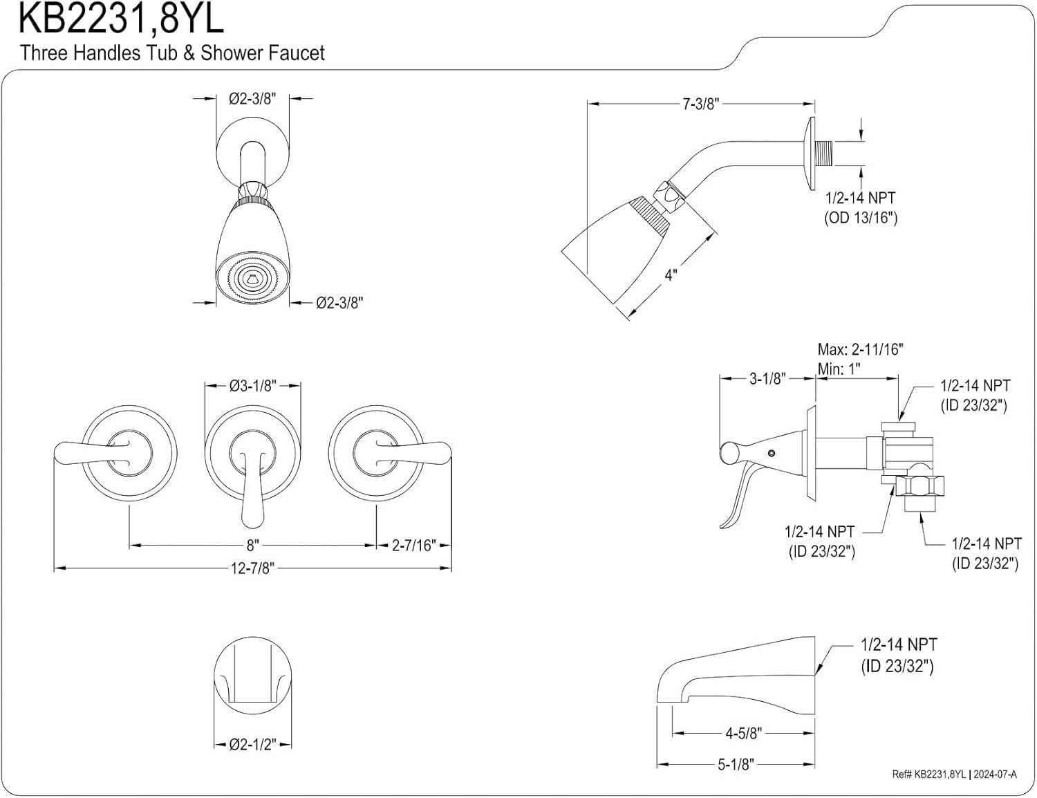 Kingston Brass Yosemite Triple-Handle Tub and Shower Faucet