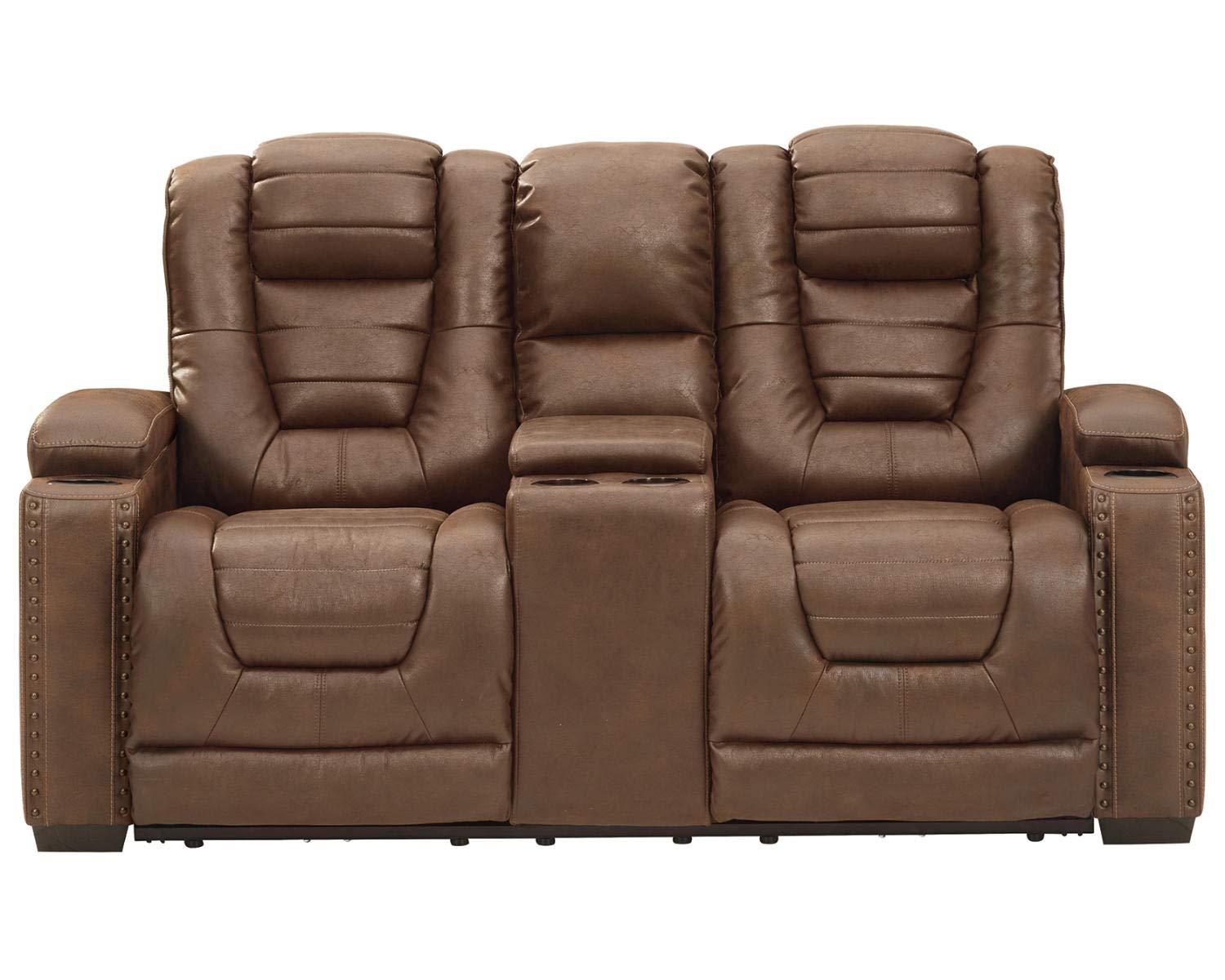 Ashley Furniture Owner's Box Faux Leather Power Reclining Loveseat in Dark Brown