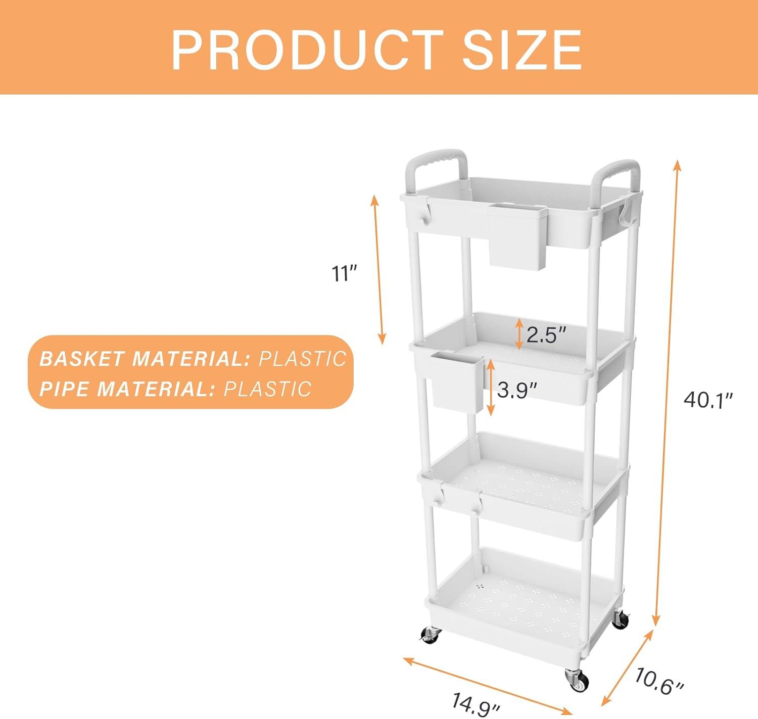 4 Tier Rolling Utility Cart with Handle,REBECAT Utility Cart Made of Multifunctional Storage Organizer Tool for Kitchen,Bathroom,Living Room,Office(White)