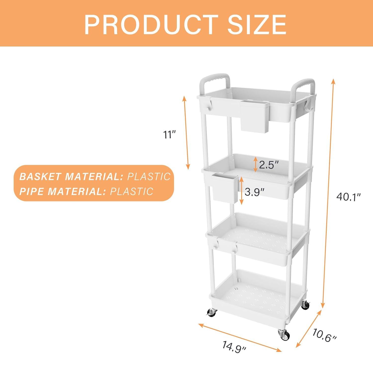 4 Tier Rolling Utility Cart with Handle,REBECAT Utility Cart Made of Multifunctional Storage Organizer Tool for Kitchen,Bathroom,Living Room,Office(White)
