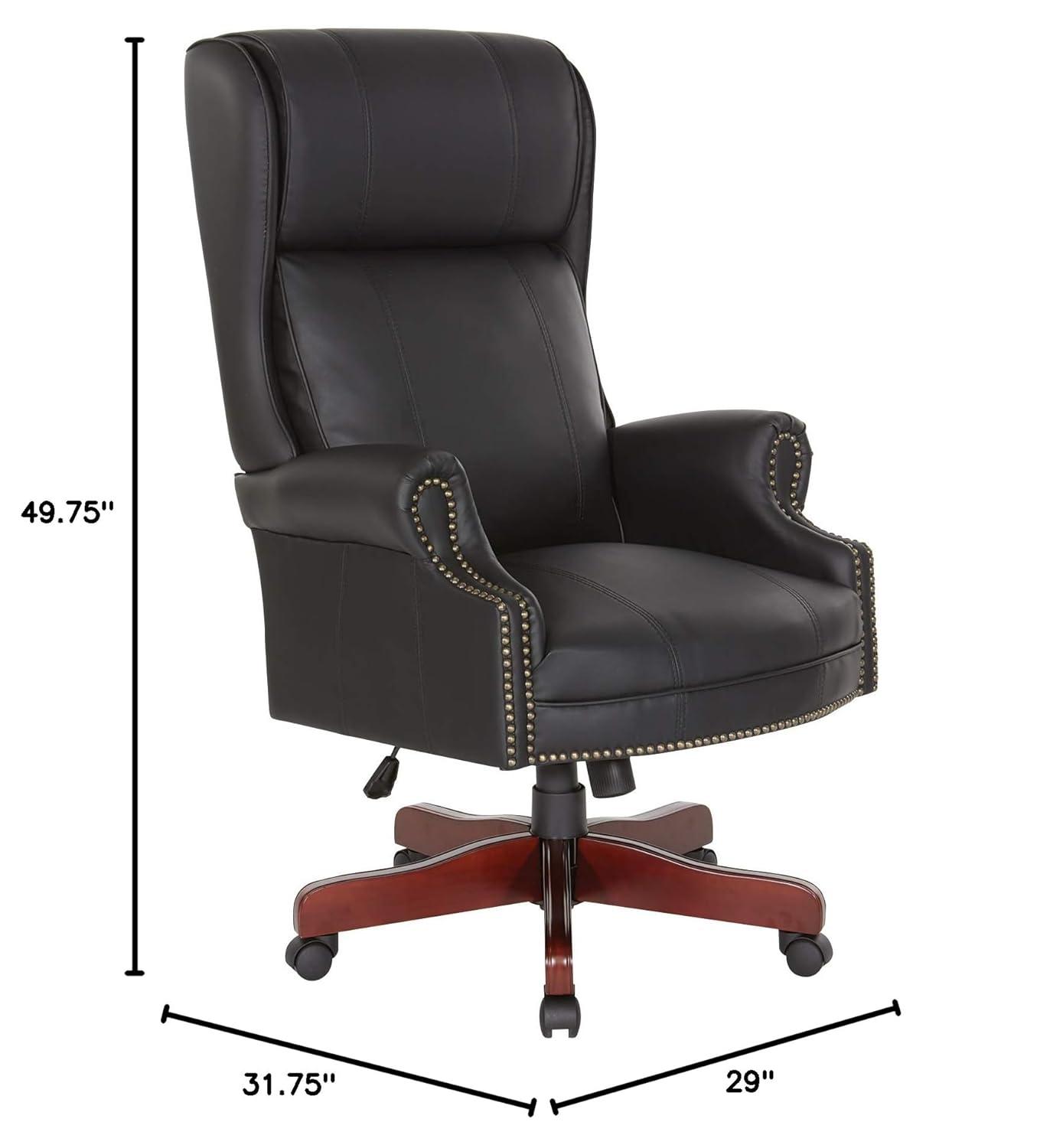 Executive High Back Chair with Black Vinyl and Brass Finish Nail Trim Upholstery