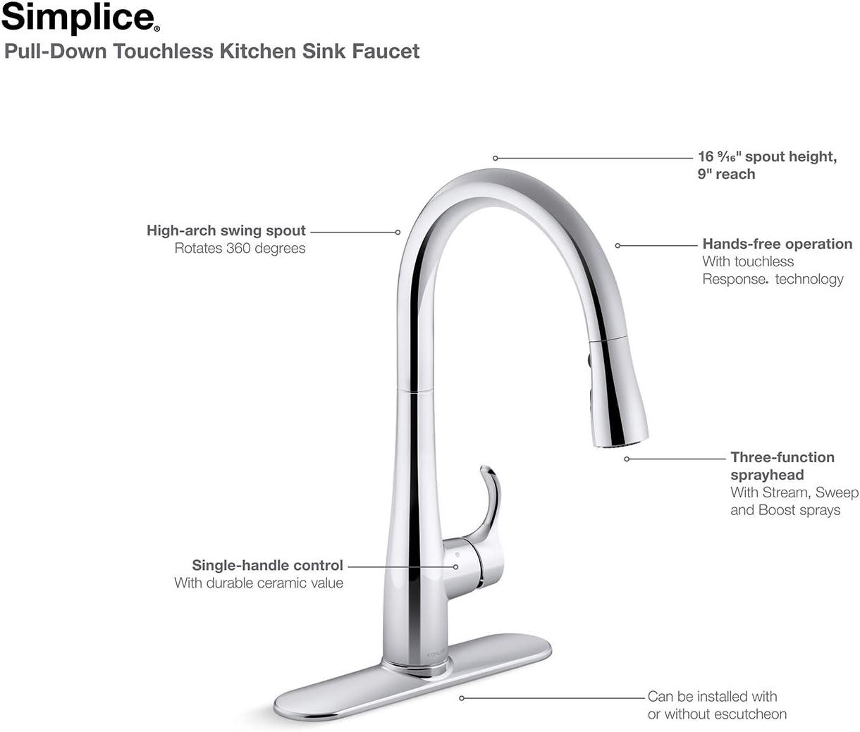 Simplice Touchless Pull-Down Kitchen Sink Faucet with Three-Function Sprayhead