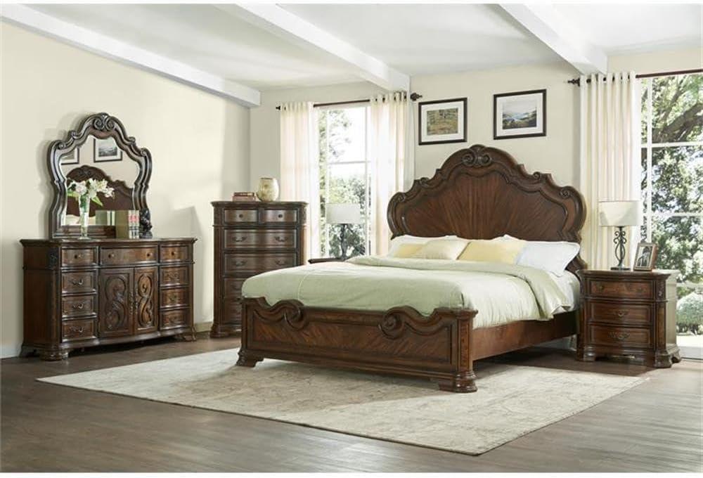 Royale Brown Cherry Queen Panel Bed with Intricate Carvings