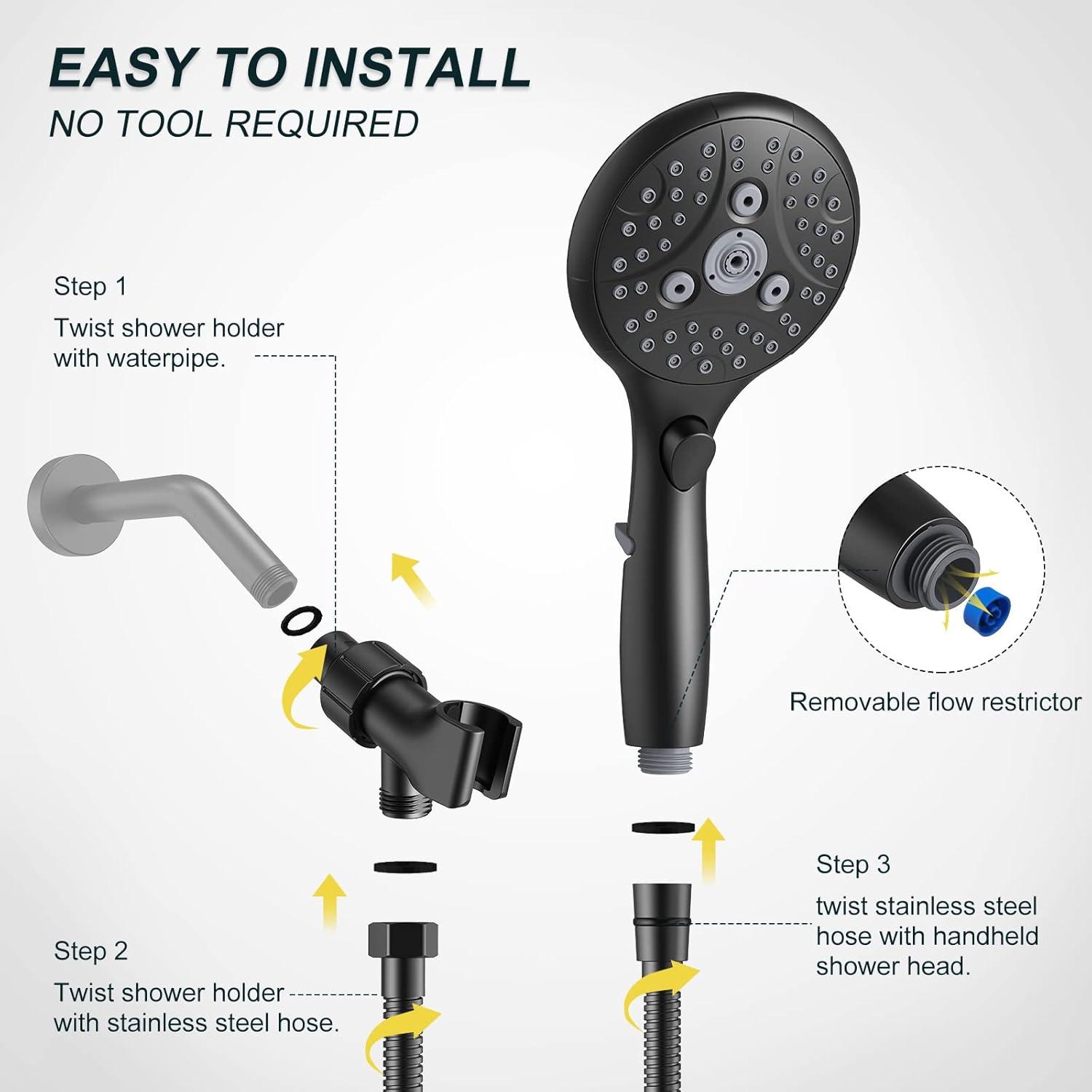 Matte Black 7-Setting Handheld Shower Head with Stainless Steel Hose