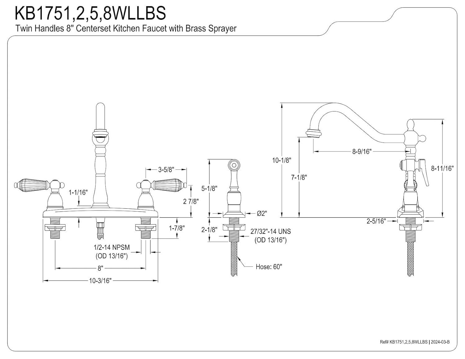 Kingston Brass Wilshire Two-Handle 4-Hole 8" Centerset Kitchen Faucet with Brass Side Sprayer