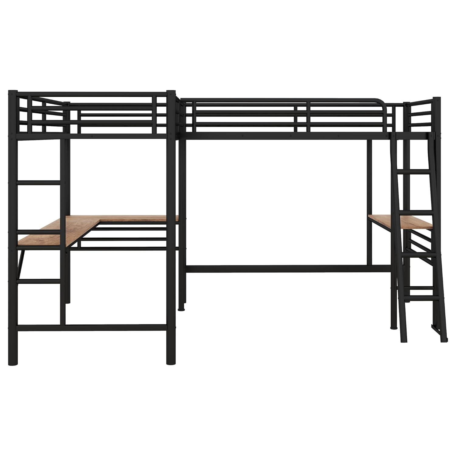 Mason & Marbles Double Twin Size Loft Beds, Metal L-Shaped Loft Bed Frame With Two Desk