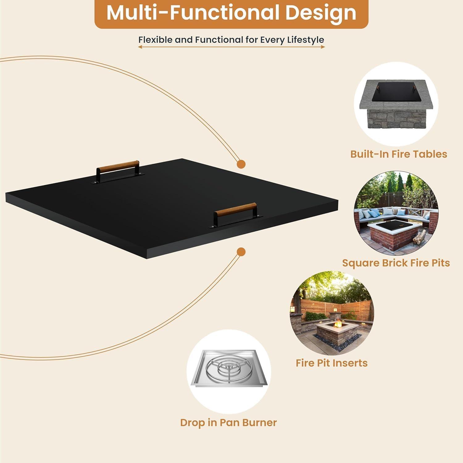 FEBTECH Fire Pit Snuffer Lid - Fire Pit Lid Square 34X34 Fire Pit Cover Square, Rust Resistant Firepit Lid,Carbon Steel Fire Pit Table Lid Square, Compatible For Firepit & Firepit Table Inside Dia Up To 32".