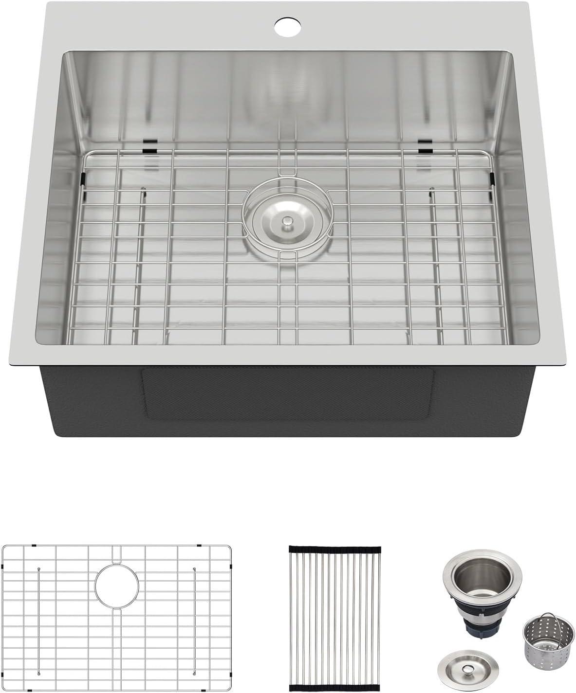 Logmey 25 Inch Drop In Kitchen Sink 25x22 In Handmade Stainless Steel Kitchen Sinks 16 Gauge Topmount Sink Single Bowl Round Corner Sink Bar Sink Prep 25x22x9 Inches