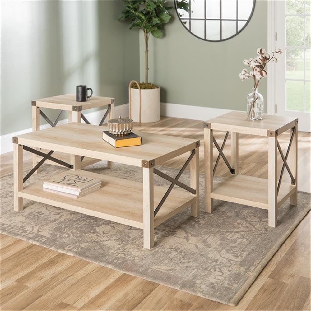 Home Square 4 Piece Set with TV Stand, Coffee Table and 2 End Tables in Oak
