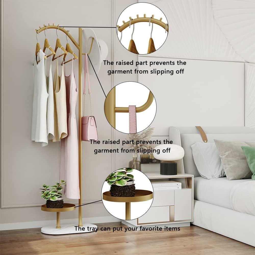 Gold Clothing Garment Rack with Marble Base and Tray, Modern Minimalist Hanging Clothes Rack, for Coats, Hats, Scarves and Handbags of Entryway, Hallway, Bedroom, Office（Golden）
