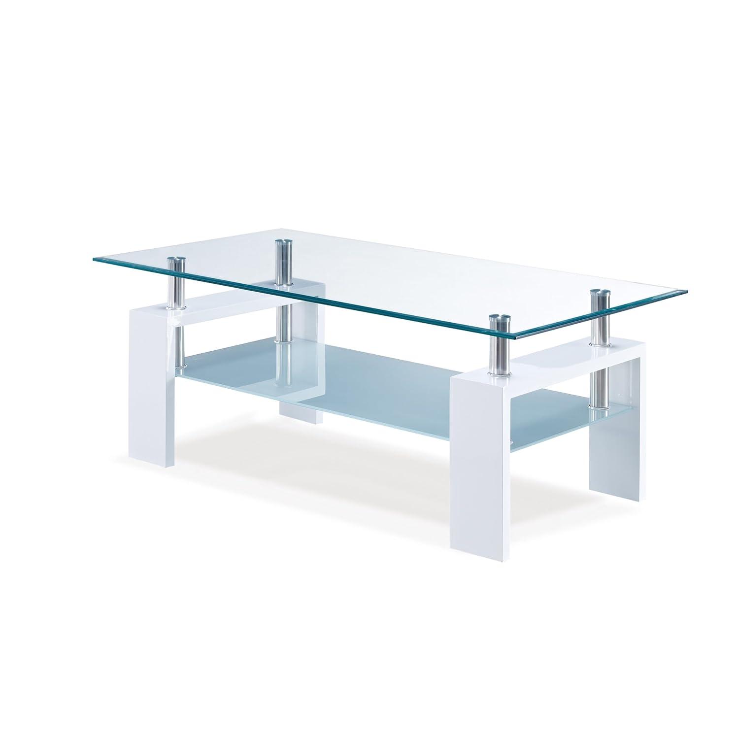 Global Furniture Rectangle Glossy White Coffee Table with Clear Glass Top