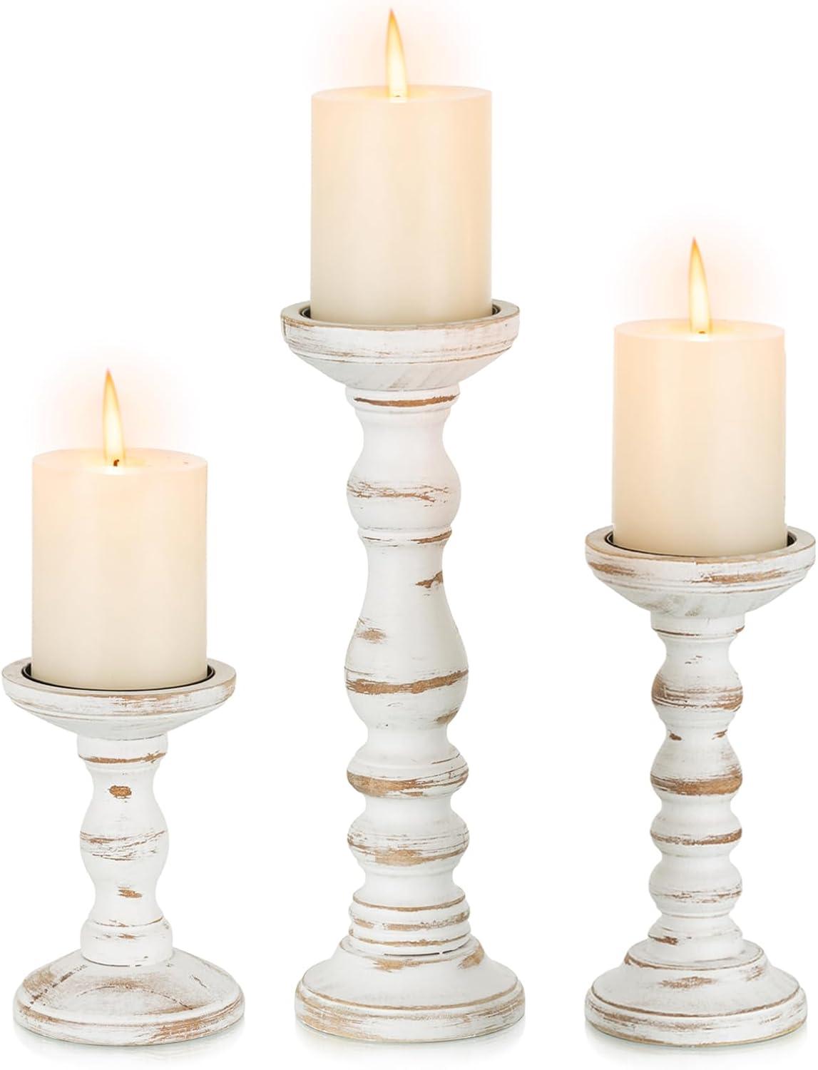 Whitewashed Pine Rustic Farmhouse Candle Holders Set of 3