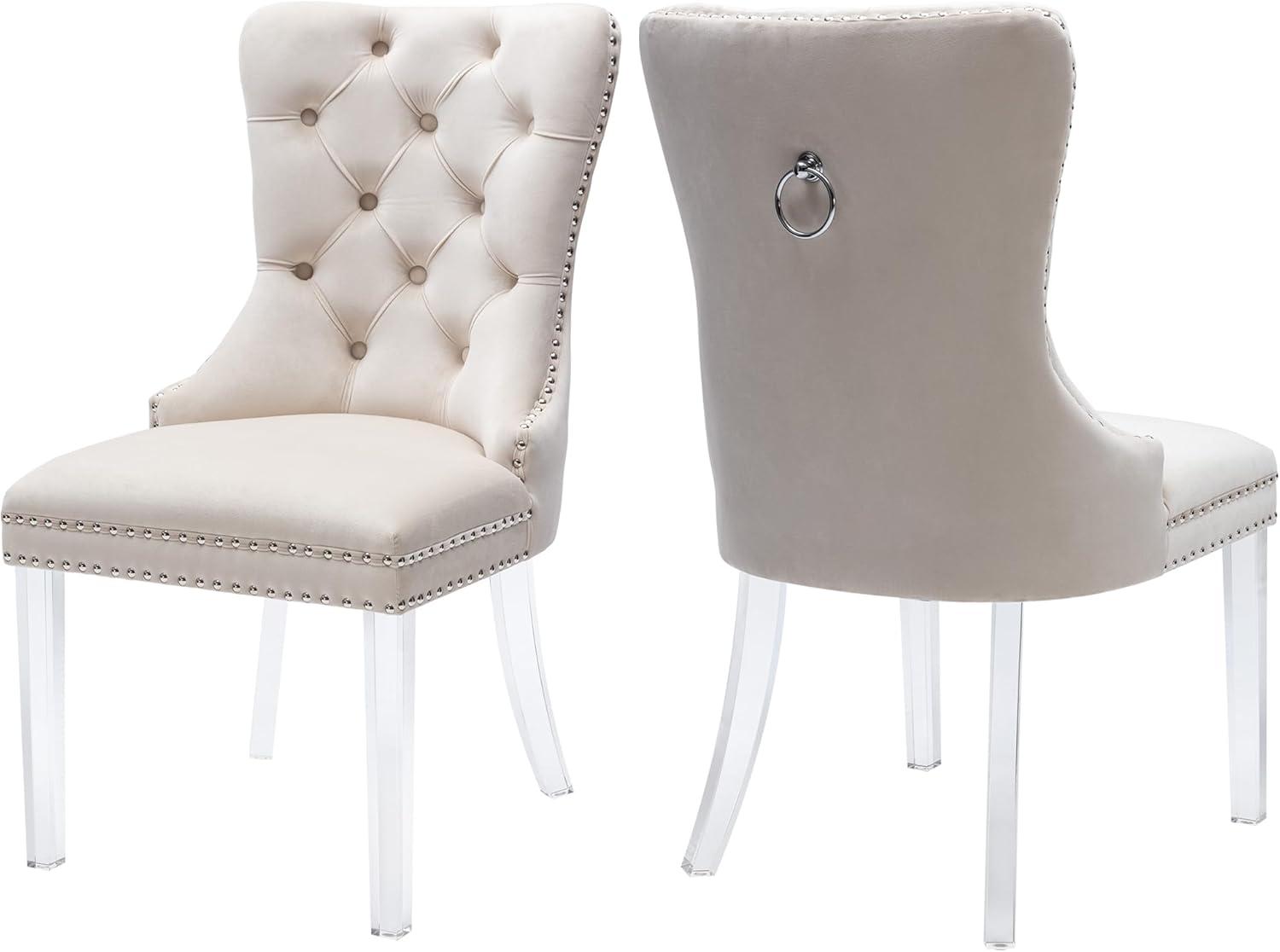 Beige Velvet Upholstered High Back Side Chair with Wood Legs