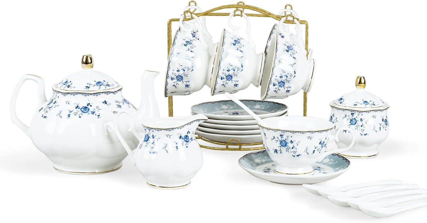 Bloomsbury Market 15 Piece Blue Rose Porcelain Tea Set, British Floral Teapot With Tea Cups, Women Tea Party Set For 6