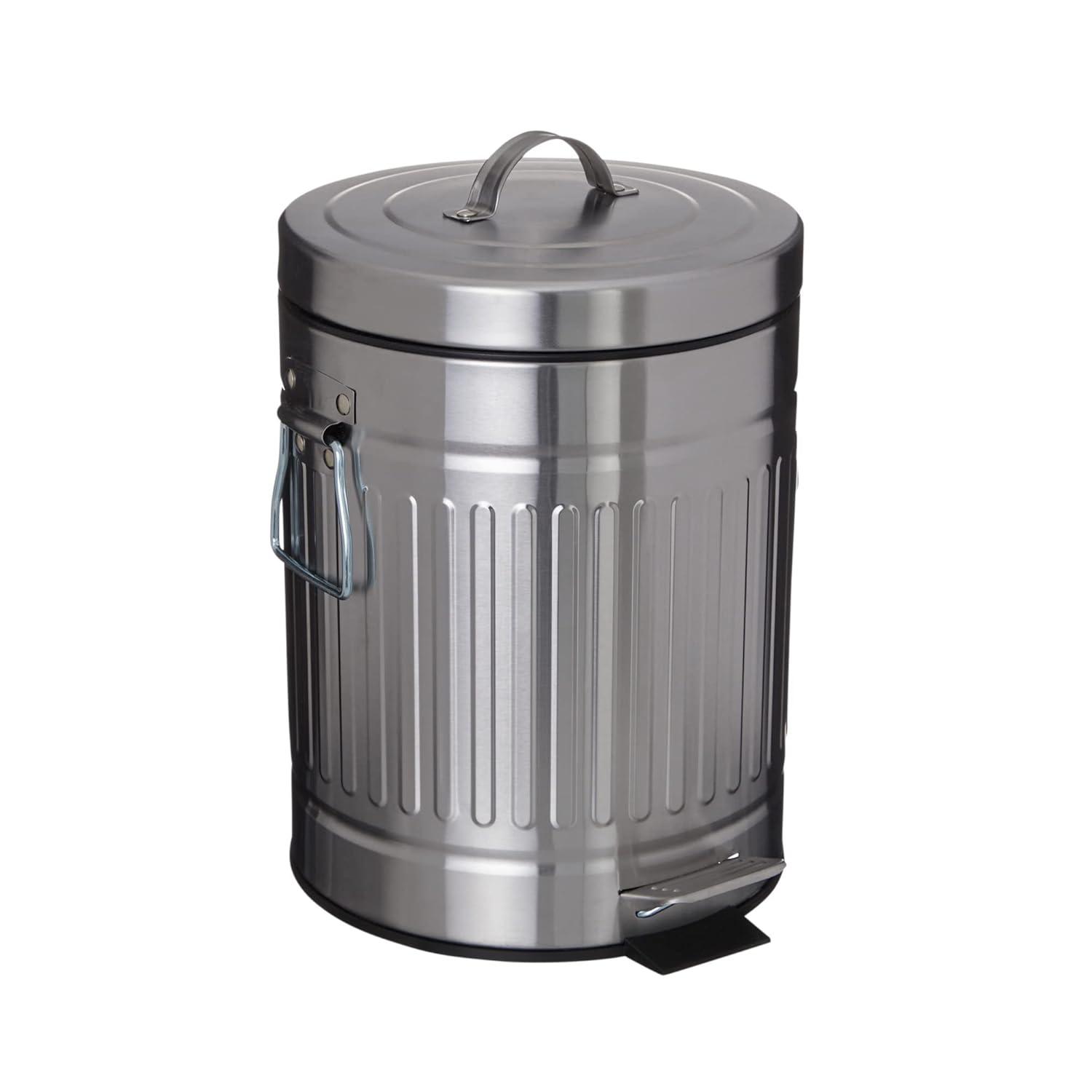 Stainless Steel Cylindrical Pedal Trash Can with Lid, 5 Liter