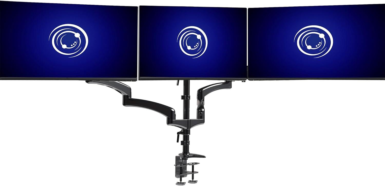 VIVO Black Triple Monitor Mount, 2 Pneumatic Arms + 1 Fixed, 3 Screens up to 32"