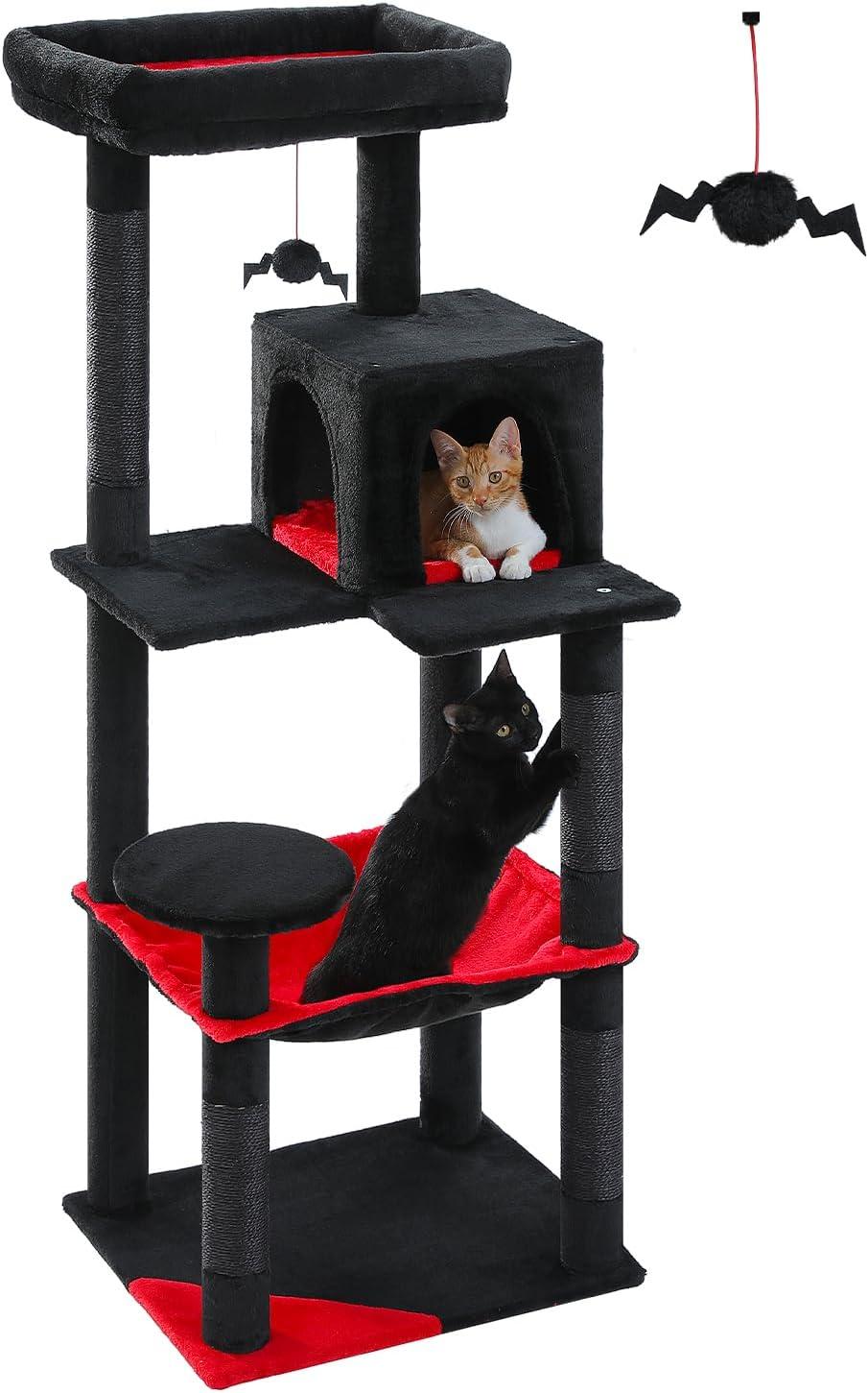 Gothic Cat Tree With Super Large Hammock, Cat Tower With Coffin Bed, Cat Condo, Sisal Scratching Posts & Top Perch, Multi-Level Goth Cat Tree, Halloween