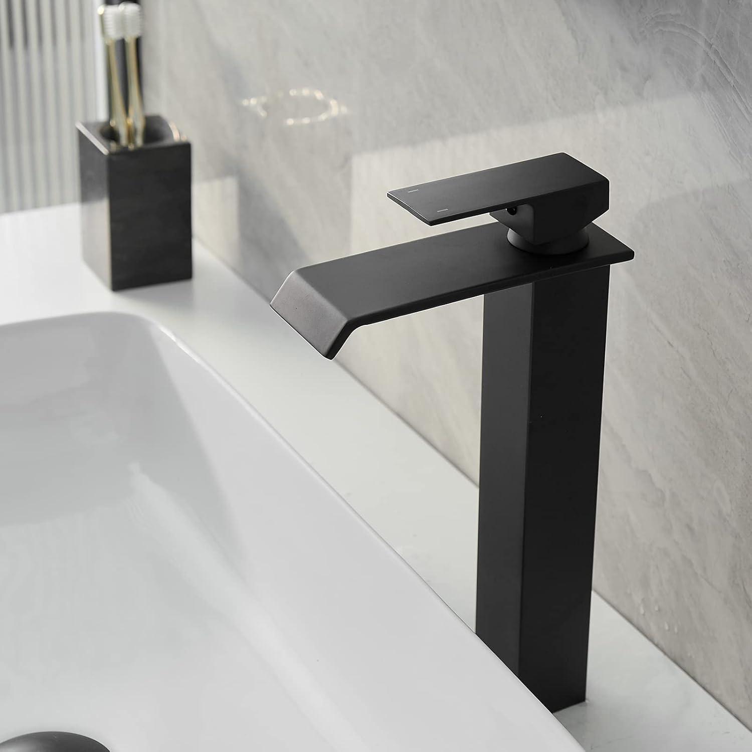 Matte Black Vessel Sink Faucet for Sink 1 Hole Single Handle Deck Mount Bathroom Sink Faucet Bowl Sink Mixer Tap with Pop Up Drain Combo Vanity RV Bar Sink Faucet