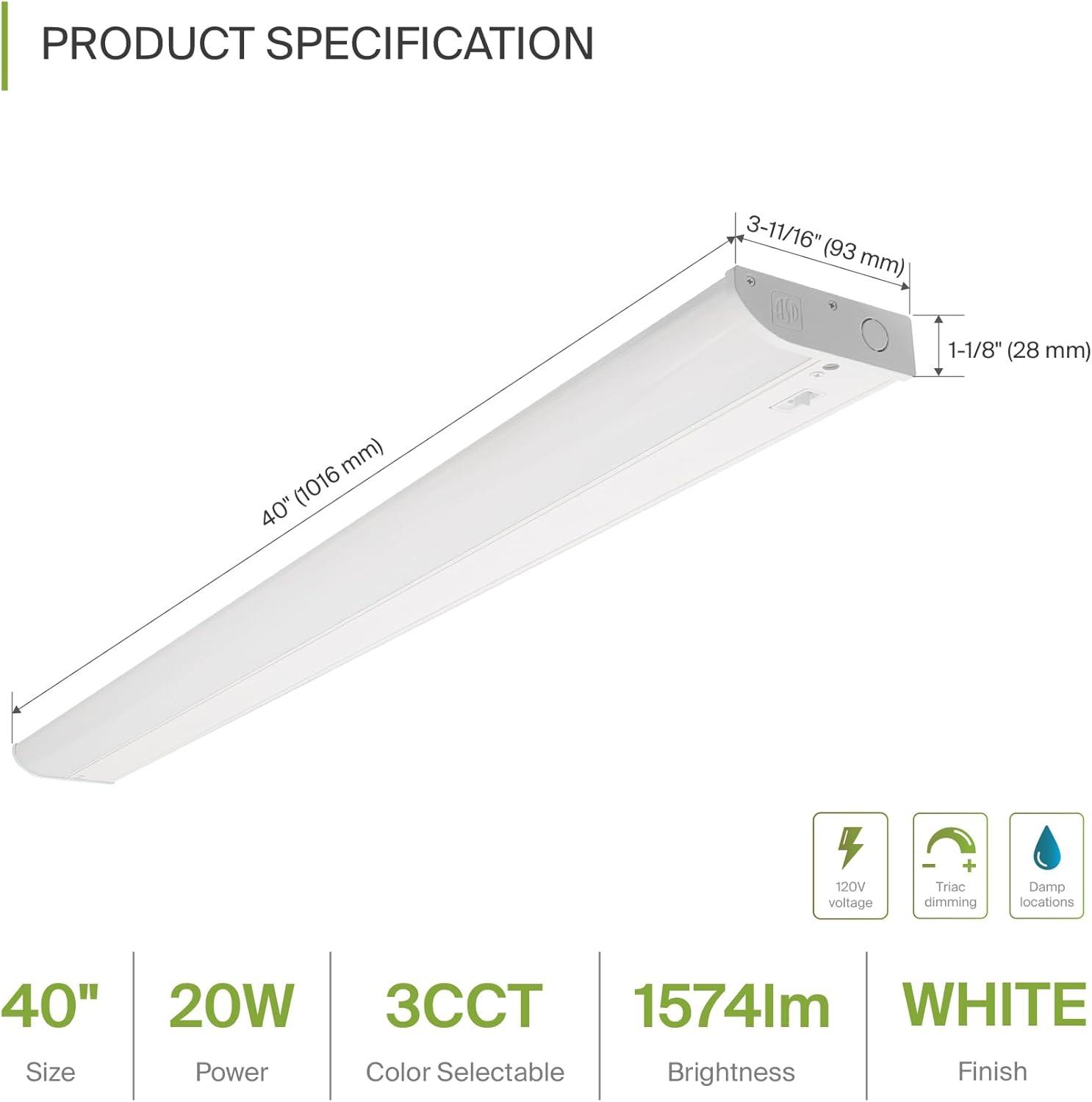 ASD LED Under Cabinet Lighting, 40 inch 20W 1574 LM, Dimmable Hardwired Under Cabinet Lights for Kitchen, 3000K Soft/4000K Cool/5000K Daylight, Under Counter Light Fixtures, ETL Energy Star White