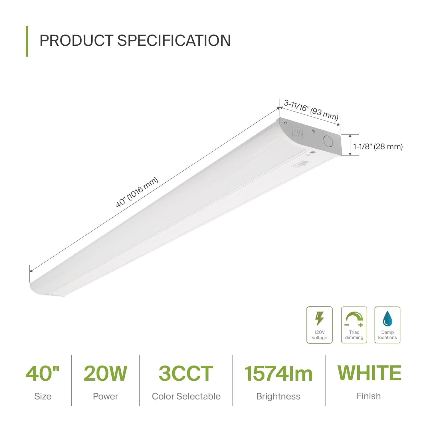 ASD LED Under Cabinet Lighting, 40 inch 20W 1574 LM, Dimmable Hardwired Under Cabinet Lights for Kitchen, 3000K Soft/4000K Cool/5000K Daylight, Under Counter Light Fixtures, ETL Energy Star White