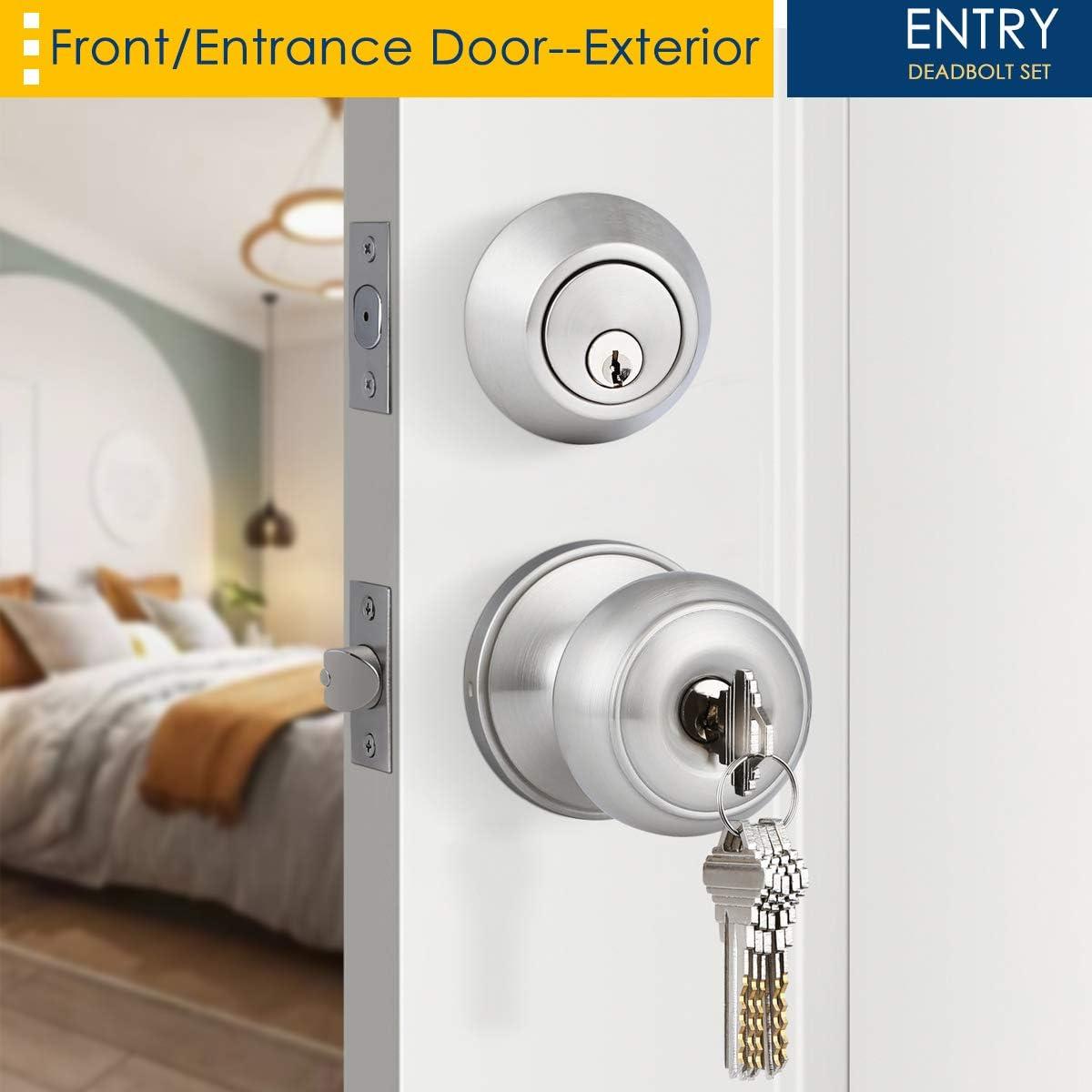 Brushed Nickel Round Stainless Steel Entry Knob and Deadbolt Set