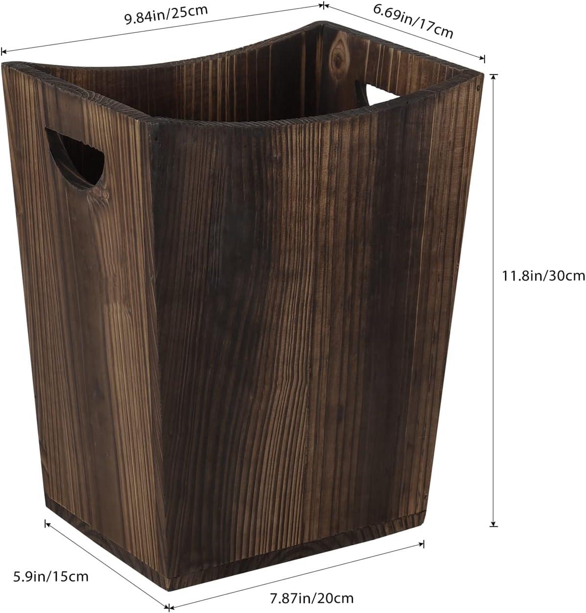 Rustic Brown Fir Wood Rectangular Wastebasket with Handles