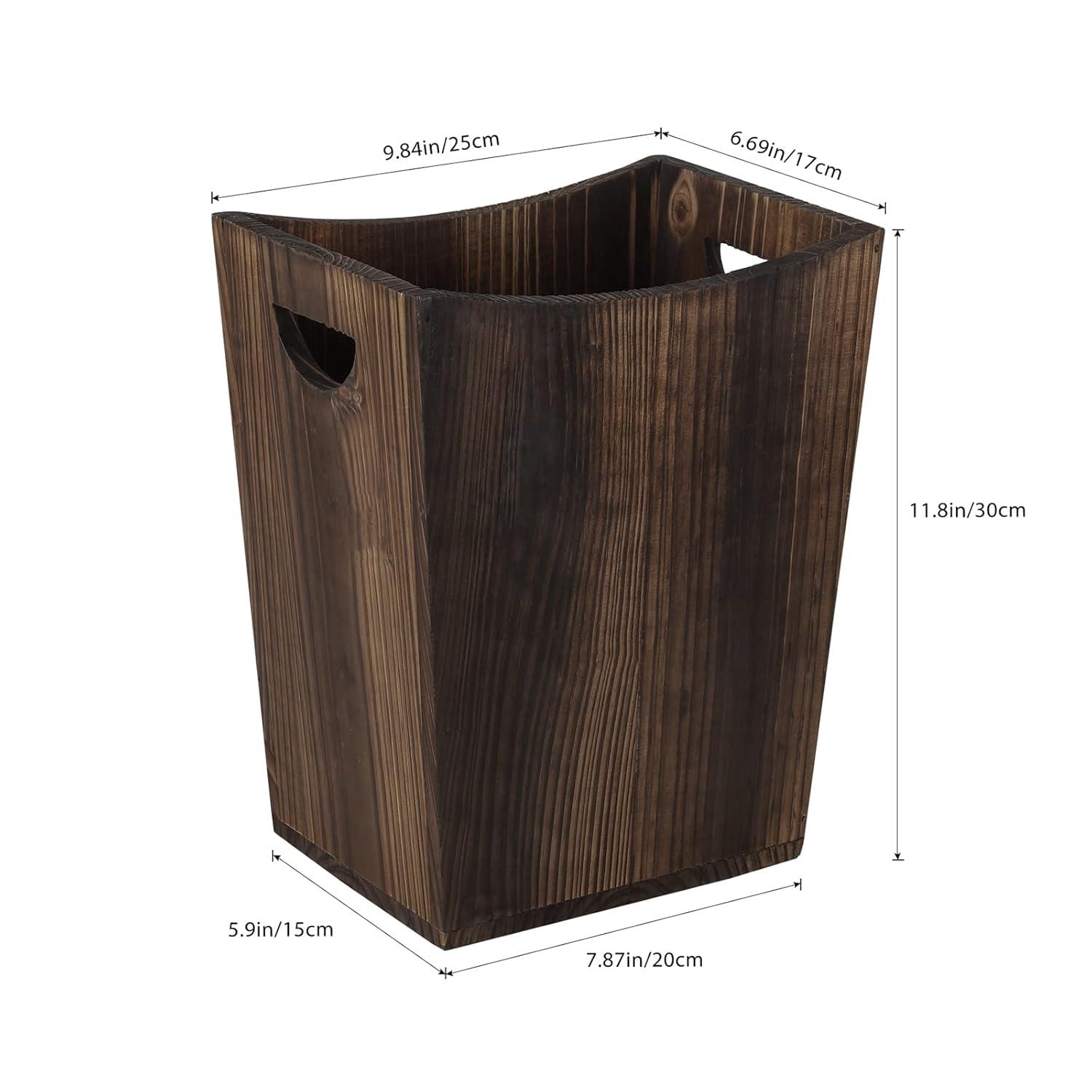 Rustic Brown Fir Wood Rectangular Wastebasket with Handles
