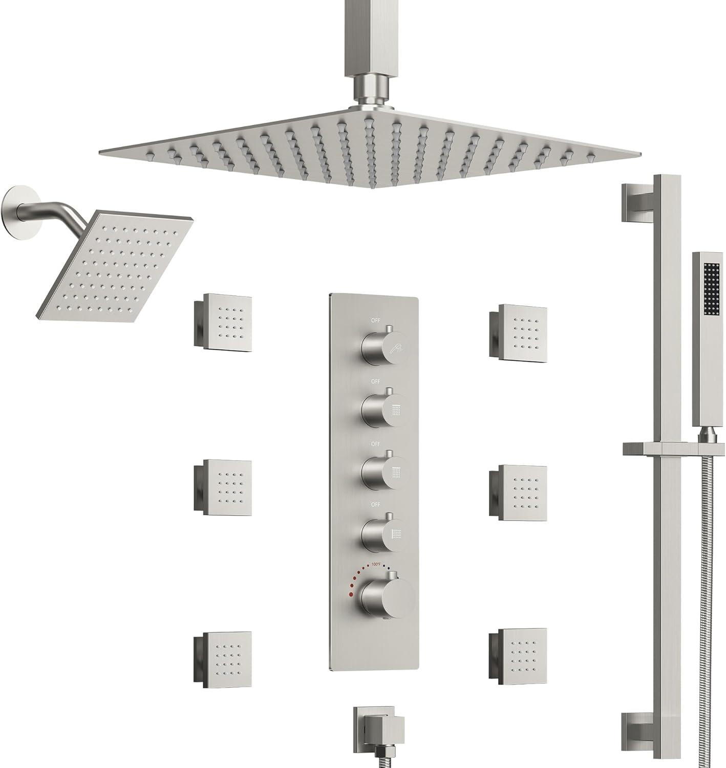 DualJetSpa 15-Spray Patterns 16" & 6" Dual Shower Head, Shower FaucetSystem with Thermostatic Rough-in Valve and Body Jets