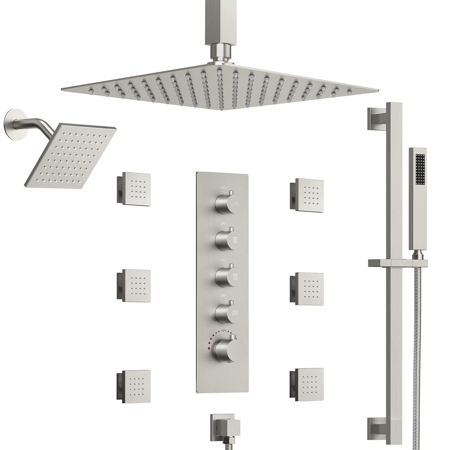 DualJetSpa 15-Spray Patterns 16" & 6" Dual Shower Head, Shower FaucetSystem with Thermostatic Rough-in Valve and Body Jets