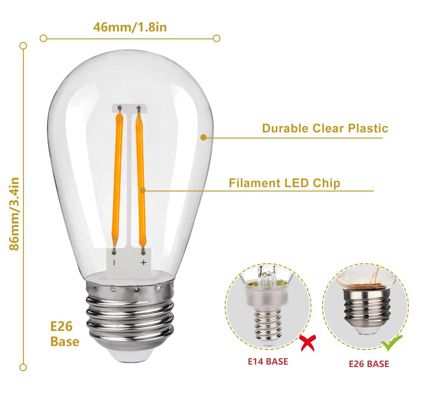 Svater Replacement Bulbs for Outdoor String Lights, 15 Pack S14 LED Bulbs for Patio, E26 Base 1W Bulb Equal to 11W Incandescent, Dimmable,Shatterproof 2700K Warm White