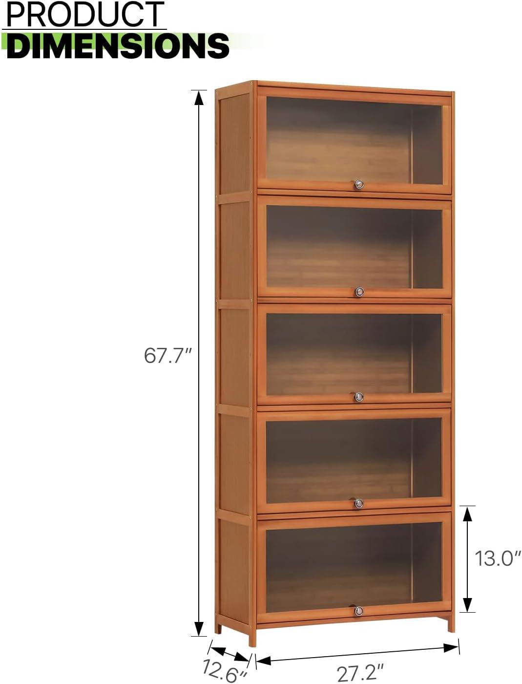 Magshion Bamboo/Acrylic 3 Shelves Bookshelf, with Transparent Door Bookcase, Brown, for Home