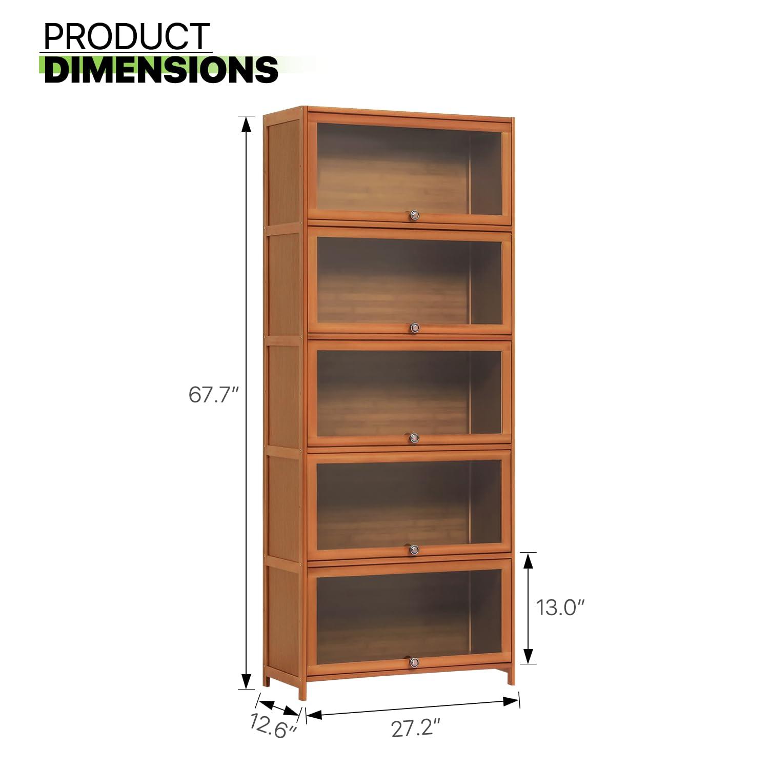 Magshion Bamboo/Acrylic 3 Shelves Bookshelf, with Transparent Door Bookcase, Brown, for Home