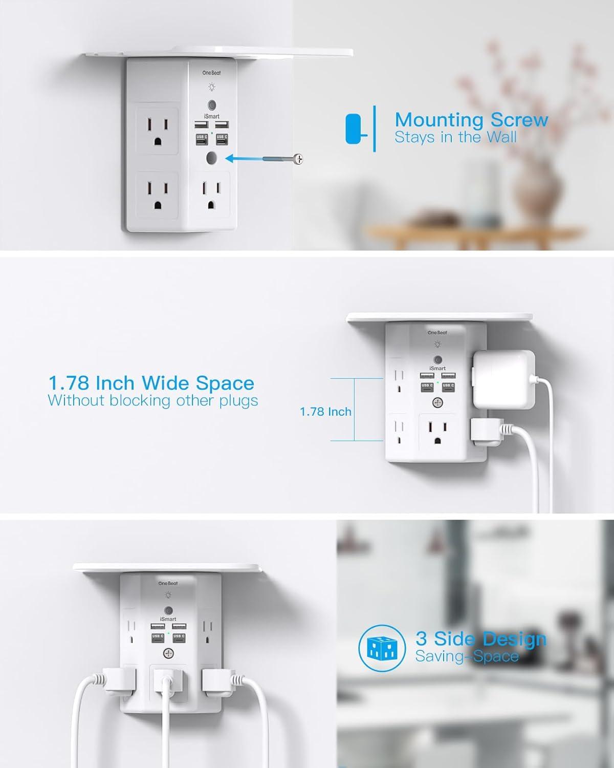 Multi Plug Outlets, Wall Outlet Extender with Night Light and Outlet Shelf, Surge Protector 4 USB Ports(1 USB C), USB Wall Charger Power Strip Electric Outlet Splitter for Home Office White